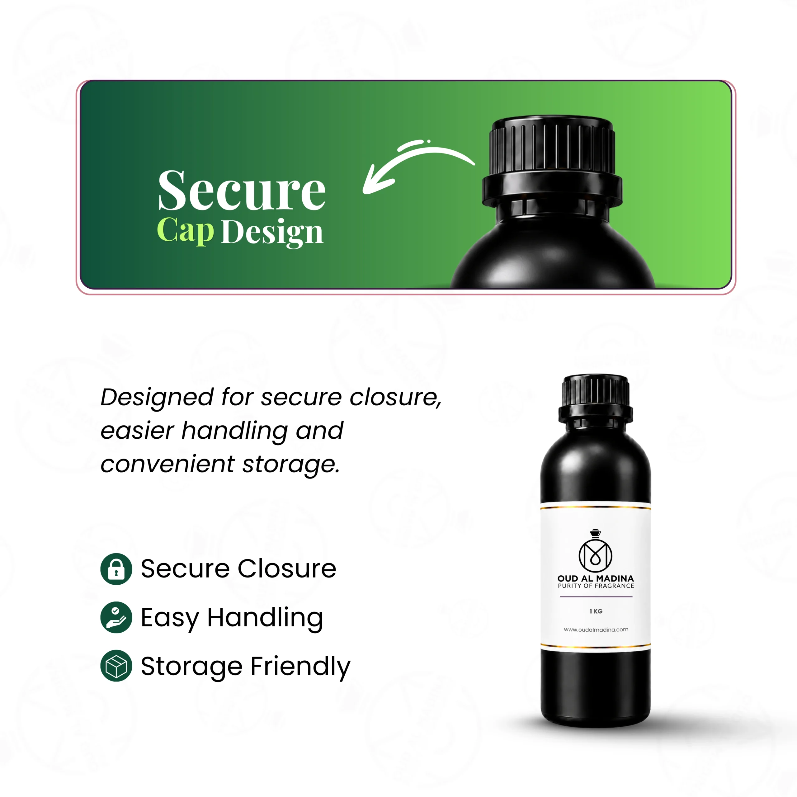 Oud Al Madina black fragrance oil product packaging and secure cap