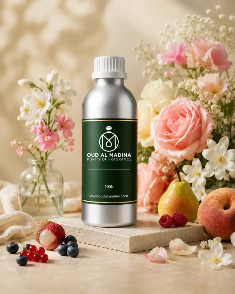 Floral and fruity fragrance oils category image with flowers, fruit and oud al madina bottle