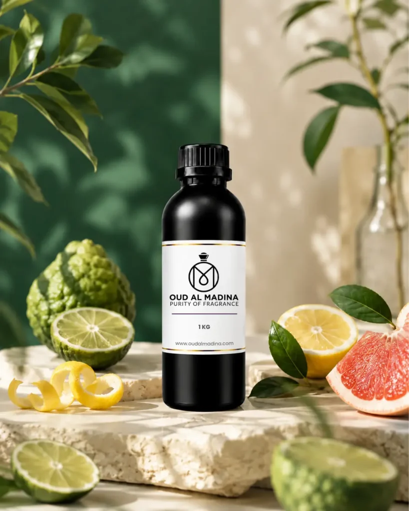 Fresh and citrus fragrance oils category image with citrus elements and oud al madina bottle
