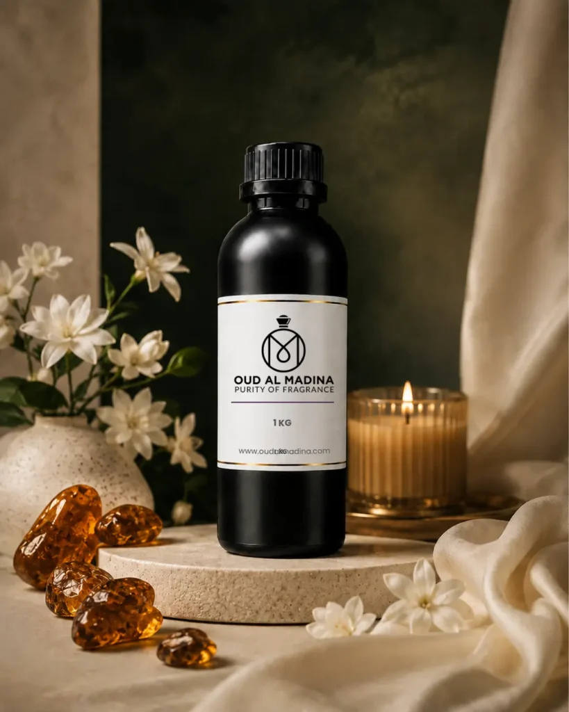 Musk and amber fragrance oils category image with amber styling and oud al madina bottle