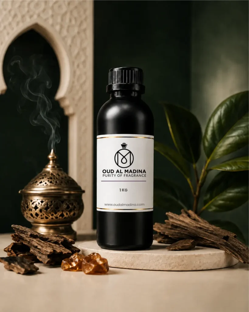 Oud and oriental fragrance oils category image with oud wood and oud al madina bottle